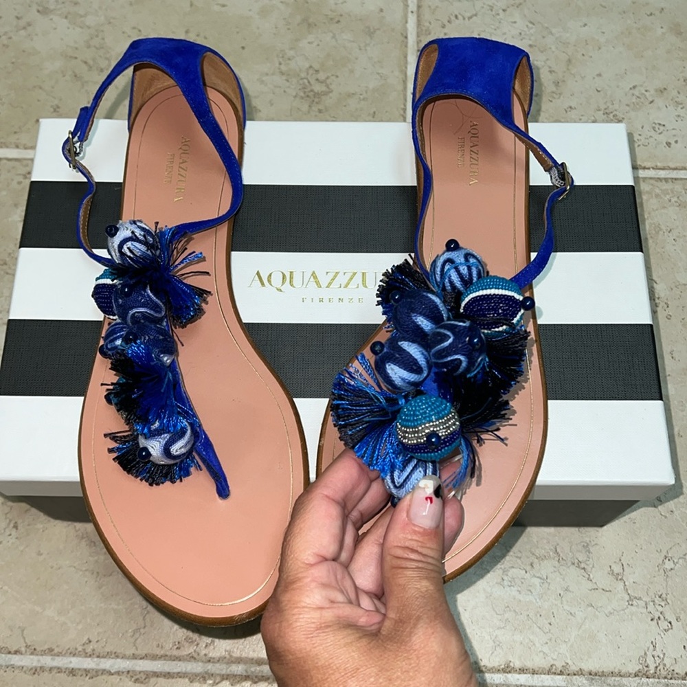 Aquazurra Blue Suede Tropicana Flat PomPom Strap